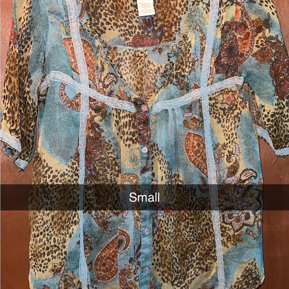 Daytrip Blue and Brown Asymmetrical Embellished Blouse